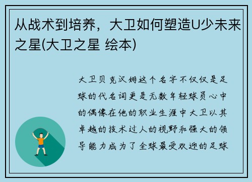 从战术到培养，大卫如何塑造U少未来之星(大卫之星 绘本)