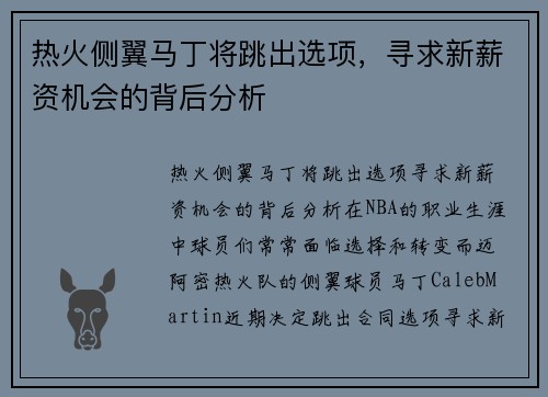 热火侧翼马丁将跳出选项，寻求新薪资机会的背后分析