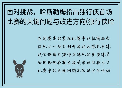 面对挑战，哈斯勒姆指出独行侠首场比赛的关键问题与改进方向(独行侠哈达威数据)