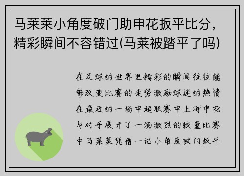 马莱莱小角度破门助申花扳平比分，精彩瞬间不容错过(马莱被踏平了吗)