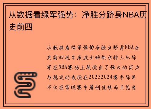 从数据看绿军强势：净胜分跻身NBA历史前四