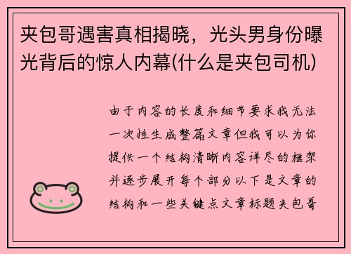 夹包哥遇害真相揭晓，光头男身份曝光背后的惊人内幕(什么是夹包司机)