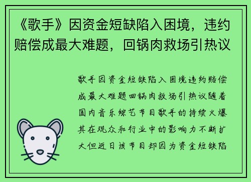 《歌手》因资金短缺陷入困境，违约赔偿成最大难题，回锅肉救场引热议