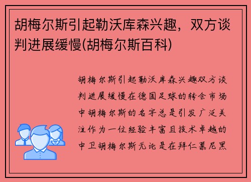 胡梅尔斯引起勒沃库森兴趣，双方谈判进展缓慢(胡梅尔斯百科)