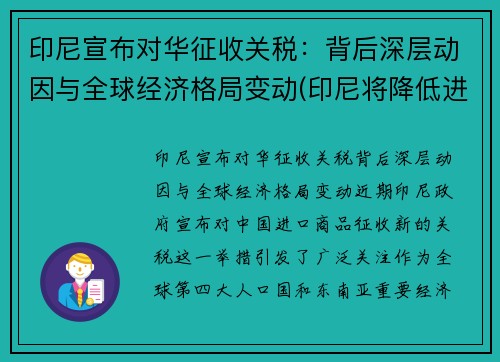 印尼宣布对华征收关税：背后深层动因与全球经济格局变动(印尼将降低进口关税)