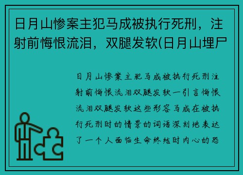 日月山惨案主犯马成被执行死刑，注射前悔恨流泪，双腿发软(日月山埋尸案马生珍信息)