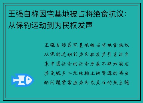 王强自称因宅基地被占将绝食抗议：从保钓运动到为民权发声